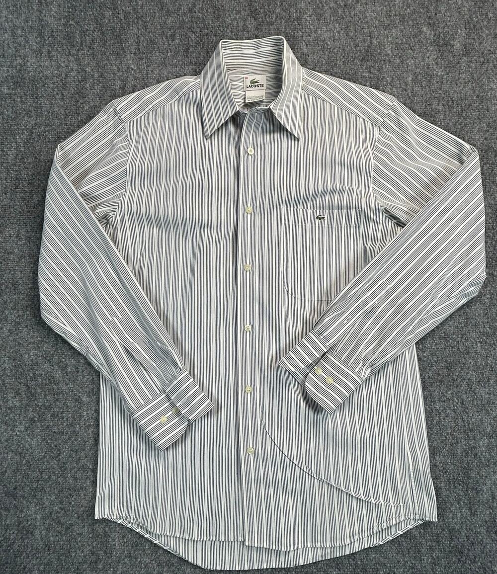 Vintage Lacoste Striped Dress Shirt Men's Size 38 Cotton Button Up White Blue